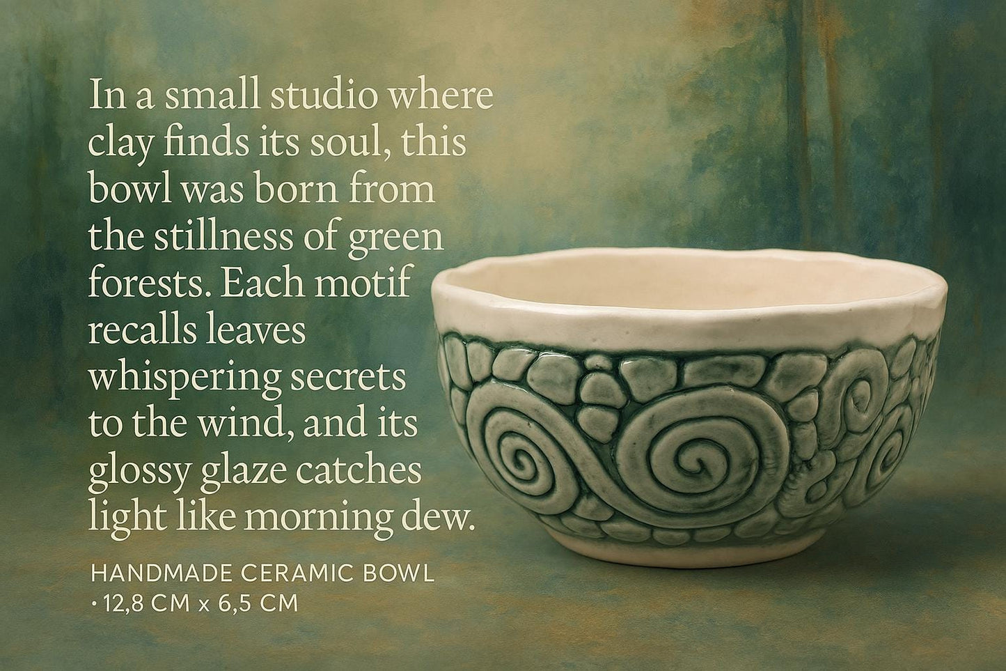 Cuenco de cerámica esmaltado hecho a mano con motivos verdes