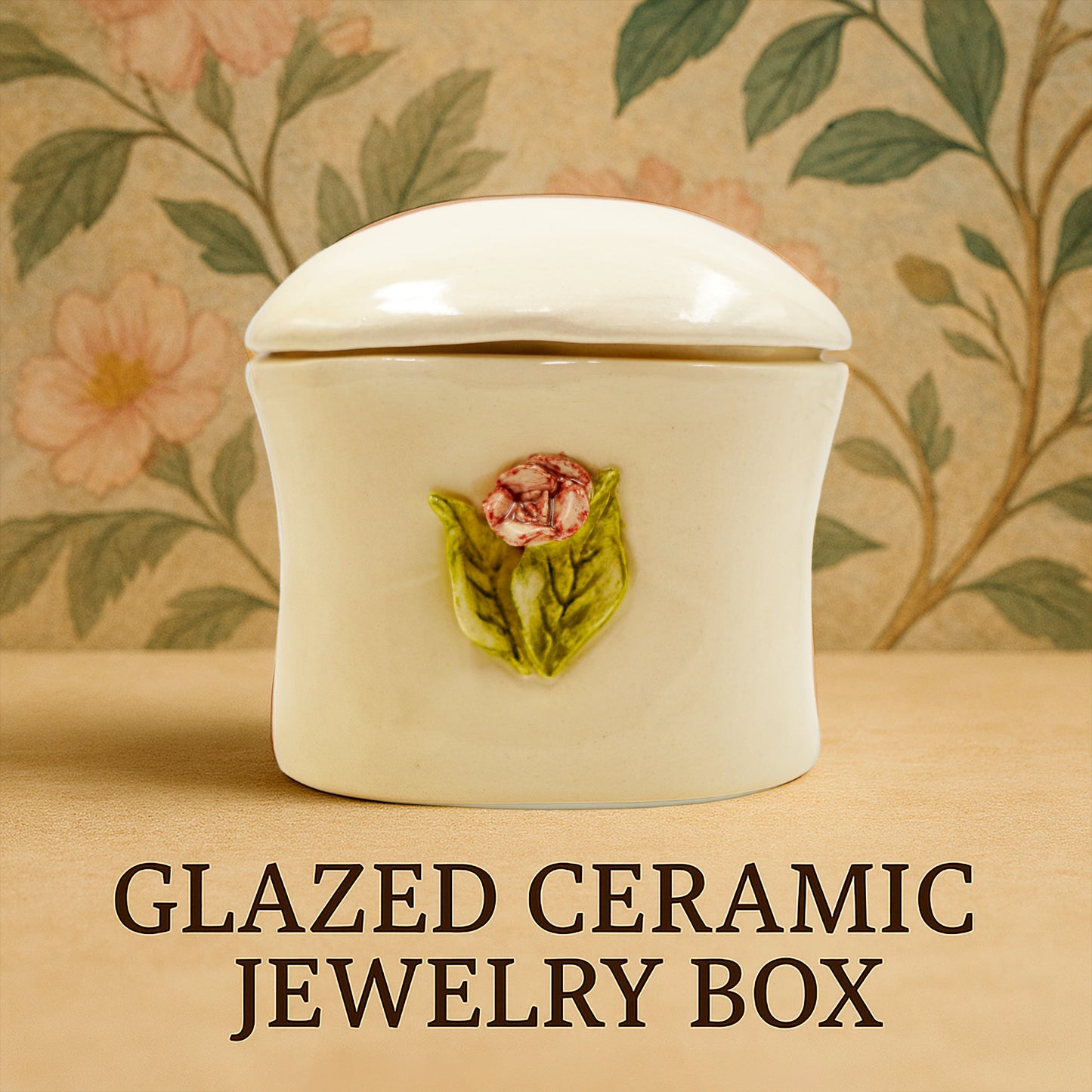 Joyerito de cerámica esmaltada con flor rosada en relieve- Cerámica hecha a mano