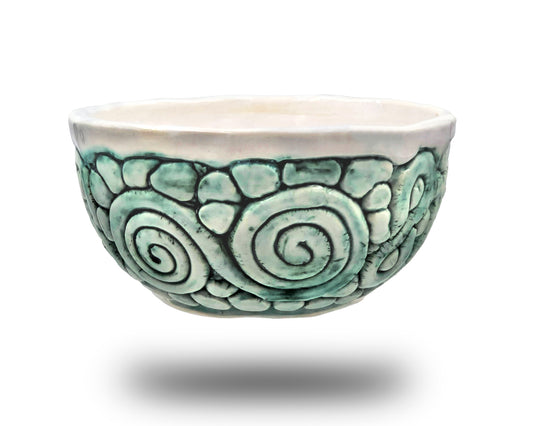 Cuenco de cerámica esmaltado hecho a mano con motivos verdes